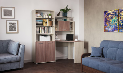 Угловой стол со стеллажом «ПКС-8»  Ясень Шимо тёмный/Ясень Шимо светлый